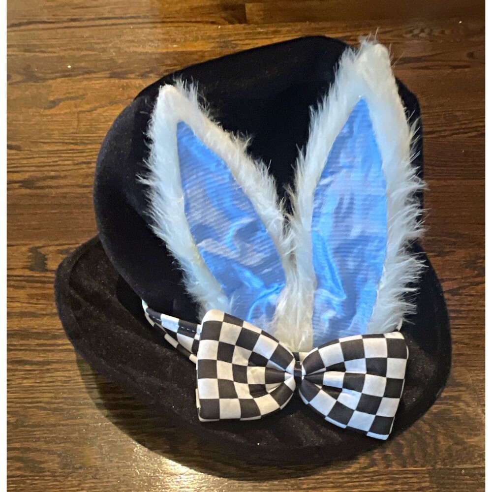 Black Felt Top Hat w/ White/Blue Bunny Ears & Checkered Bow, One Size